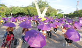 Imatge d'una plantada de la OFP, on es veuen moltes dones amb paraigües violeta oberts
