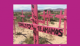 Cartell de la concentració amb una imatge de les creus rosa de Mèxic contra els feminicidis